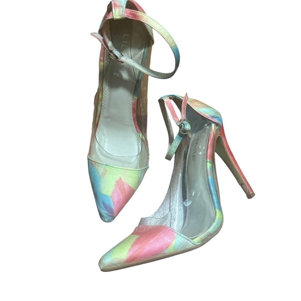 Liliana Multicolor Floral Heels Sz 8.5 Pointed Toe Ankle Strap Stiletto Pumps
